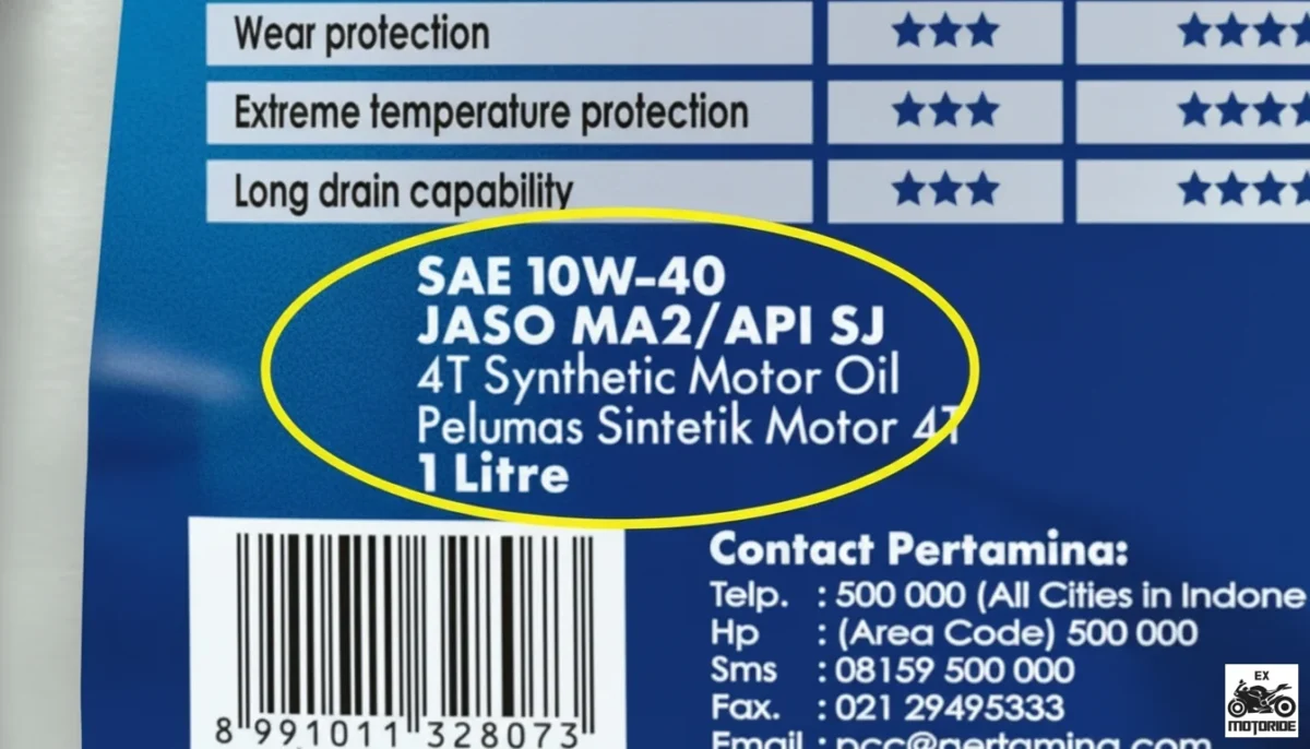 Label kemasan oli motor memperlihatkan kode SAE dan JASO