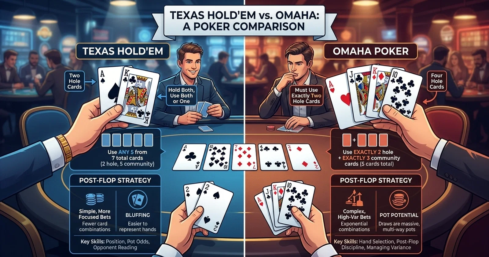 Illustration for Texas Hold'em vs Omaha: Choosing Your Poker Game